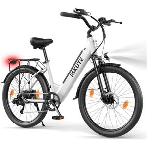 ESKUTE C100 Plus Bici Elettrica, 26 Pollici Bicicletta Elettrica, Motore 250W, Batteria Rimovibile 36V 13Ah, Velocità Massima di 25 km/h, 7 Velocità, Display LCD, E-bike per Adulti, Bianco