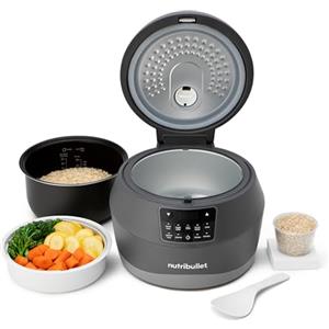 nutribullet EveryGrain Cooker - Cuociriso Multifunzione, Vaporiera Riso e Cereali, 10 Tazze, con 5 Programmi Automatici, Funzione Mantieni Caldo 12h, con Cucchiaio e Cestello, 600W, Grigio (NBRC605DG)