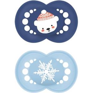 MAM Original Winter Limited Edition Succhietto 6+ Mesi (Set da 2), Ciuccio MAM 6-16 mesi a tema invernale e natalizio, Regalo neonato con tettarella in silicone e porta ciuccio sterilizzatore, Azzurro