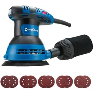 Dong Cheng 300W Levigatrice Orbitale, 125 mm, 6 velocità, 4000-12000 giri/min, Sistema di raccolta della polvere con 10 dischi abrasivi, ideale per progetti di lavorazione del legno