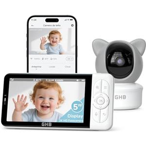 GHB Baby Monitor Video e Audio 5", Telecamera 2K, 350°/65° PTZ, 3000mAh, Controllo Tramite App e Monitor IPS, Rilevamento di Movimento/Pianto/Temperatura, Visione Notturna
