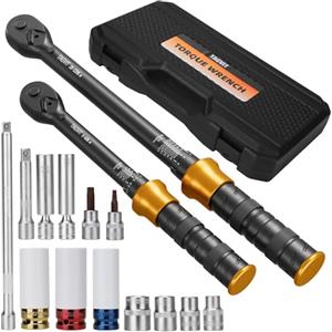 TAGVIT 1/2" & 3/8" Chiave Dinamometrica, 5-60Nm, 20-220Nm, 15 Pezzi Kit di Manutenzione con Barra di Prolunga, Bussole di Protezione Pneumatici, Presa per Candele, Torx e Presa per Auto, Moto