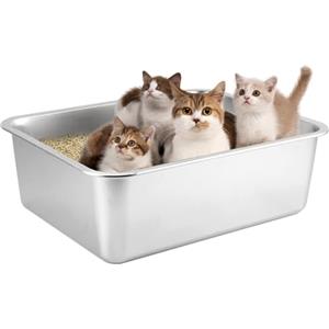 HOUSLUX Lettiera XXL per gatti 50 x 35 x 15 cm - Grande lettiera per gatti - Senza odore - Antiruggine - Superficie liscia antiaderente - Grande capacità per una facile pulizia (acciaio inossidabile