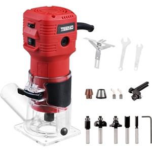 TEENO Rifilatore Fresatrice Verticale per Legno 800W 15000-32000 RPM Con Copertura Antipolvere, Legno Rifilatrice Elettrica Con 5 pezzi 1/4 Fresatura Cuter, 6 Velocità Variabili, Mandrino 6/6.35mm
