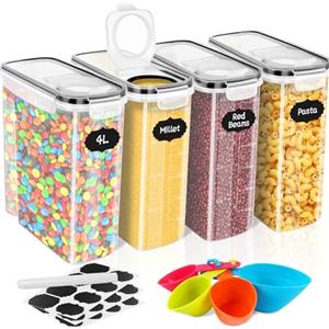Cinnani Contenitori Ermetici per Alimenti 4 Pezzi, Contenitori Ermetici Alimentari Plastica con Coperchio, Senza BPA Organizer Cucina per la Conservazione di Pasta, Cereali, Muesli, Farina-4L