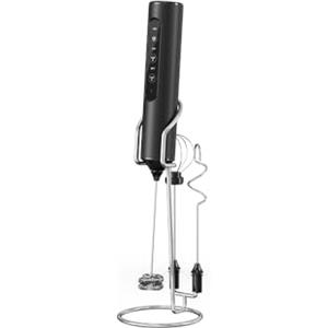 JIMYIU Frullatore Elettrico per Latte 3-in-1 con Supporto, Display LED Ricaricabile e 3 Velocità - Frullino Portatile per Caffè, Frullati Proteici, Cottura - Crea Schiuma per Latte, Cappuccino, Matcha - Nero