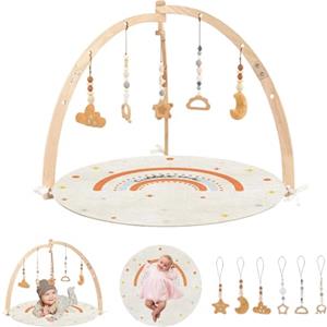 Mhwgo Palestrina Neonato Montessori, Palestrina Neonato Multifunzione per Bambini, Arco di Gioco, Tappetino da Gioco Attività per Bambini con legno Arco, 6 Giocattoli Sensoriali Per Infantile 0-36 Mesi