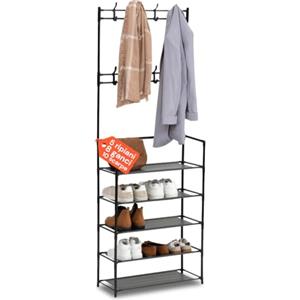 Avilia Appendiabiti da Terra con Doppia Asta e Scarpiera a 5 Ripiani - Stand Porta Abiti in Metallo e TNT - Guardaroba Aperto per Ingresso e Camera - Attaccapanni Robusto e Facile da Montare