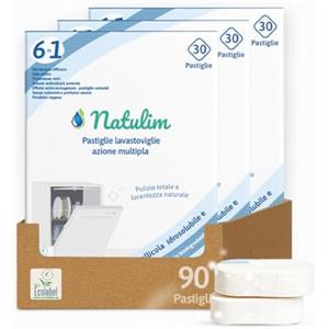 Natulim - Compresse per lavastoviglie 6 in 1 biodegradabili e idrosolubili, confezione da 30 - Pulizia profonda, risciacquo, funzione sale, protezione vetri, effetto extra secco - Made in EU