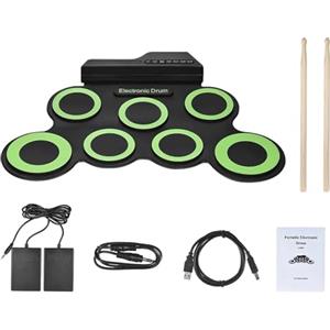 NEWFUN Batteria Elettronica Adulti, Tappetino Arrotolabile per Esercitarsi con 7 Drum Pad in Silicone con Mazzette e Pedale per Principianti (green)