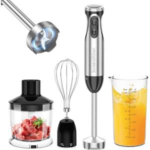 Bonsenkitchen Frullatore a Immersione Multifunzione 4 in 1, Minipimer in Acciaio Inox, 1000 W, 20 Velocità Regolabili, con Frusta, Tritatutto da 500 ml e Misurino da 700 ml, HB3203