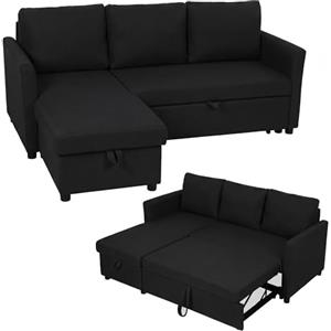 HOMCOM Divano Letto 3 Posti con Chaise Longue Convertibile, Divano Angolare Estraibile con Penisola, Vano Portaoggetti e 3 Cuscini Sfoderabili, in Tessuto Effetto Lino, 192x148x86cm, Grigio Antracite