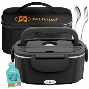 Nifogo Scaldavivande Elettrico 100W Lunch Box Elettrica 3 in 1 Contenitore Portavivande 1,5L l'ufficio, casa, Auto, Camion 12V 24V e 230V con Grigio Borsa isolante e Set di Posate(Nero)