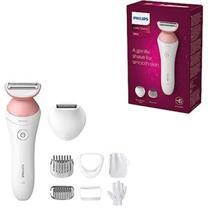 Philips Rasoio da donna Philips Serie 6000 - Rasoio cordless con 6 accessori inclusi Guanto esfoliante, rifinitore per zona bikini (Modello BRL146/00)