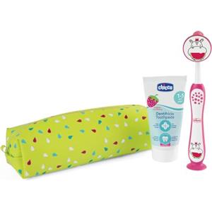 Chicco Set Spazzolino e Dentifricio per Bambini, Con Pratico Astuccio, Set Comprende Dentifricio Al Gusto Fragola e Spazzolino con Setole Morbide e Ventosa, Set da Viaggio, 3-6 Anni, Rosso
