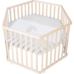 roba Box Esagonale per Bambini e Neonati Liebhabär - con Materassino e Ruote con Freni - Regolabile in 3 Altezze - da 0 a 24 Mesi - Legno Naturale