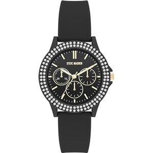 Steve Madden Orologio da donna con cinturino in silicone con cristalli autentici, Nero