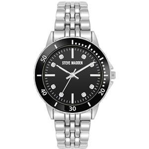 Steve Madden Orologio da donna con cinturino in vero cristallo, Nero/Argento