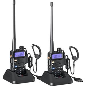 JUCJET 5R Walkie Talkie Ricaricabili per Adulti, Radio a Lungo Raggio 144-146/430-440 MHz per Adulti con 128 Canali di Memoria, VOX, Stazione di Ricarica USB, Cuffie (Nero, Confezione da 2)