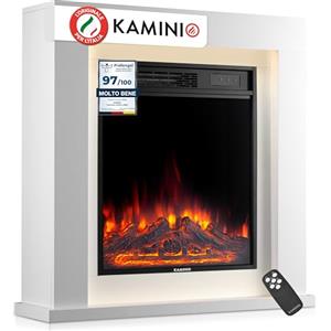 KAMINIO Camino elettrico Matti - Caminetto da pavimento con riscaldamento, effetto fiamma 3D, luce ambiente a LED, telecomando - 32 pollici (Bianco)