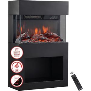 KAMINIO Camino elettrico HENRI - Stufa elettrica con riscaldamento, effetto fiamma 3D, vano portalegna, luce ambiente a LED, telecomando (Nero)