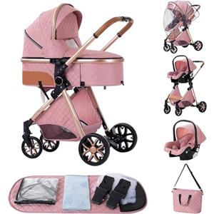 ALYIKOU trio passeggino neonati 3 in 1,Carrozzina reversibile fronte mamma e strada, Pieghevole，Con borsa mamma, portabicchieri, copertura antipioggia (3 in 1 V9 Rosa)