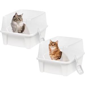 Iris Ohyama Vassoio per Lettiera per Gatti con Paletta, Set di 2, Bianco, Facile da pulire, Box per gatti, Pareti Rimovibili, Per Gattini, Gatti Adulti, Conigli, Senza BPA, Tetto Aperto, CLH-12