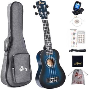 Winzz Ukulele Soprano Legno, Ukulele Bambini Adulti Principianti 21 Pollici, Ukulele Scuola Media Kit, 8 Accessori con Accordatore, Custodia, Tracolla, Corde (blu vintage)