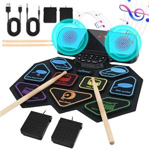 Lychee Batteria elettronica con jack per cuffie, 9 cuscinetti per esercizi stereo, altoparlante integrato, pedale della batteria, bastoncini, supporto per porte esterne, con schermo, grande