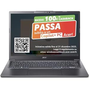 acer Aspire 14 AI Laptop | Display 14" WUXGA OLED | Intel Core Ultra 7-256V | 16 GB RAM | 512 GB SSD | Copilot+ PC | Windows 11 | QWERTY | PC Portatile IA