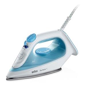 Braun TexStyle 1 SI1029BL, Ferro da Stiro Antiaderente, 120g/min Colpo Vapore, Sistema Decalc & Funzione Spray, Riscaldamento Rapido (35s), Adatto Acqua Rubinetto, EcoMode, Serbatoio 220ml, 1900W, Blu