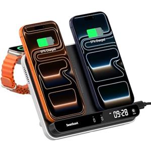 SwanScout Caricatore Wireless Dual per iPhone 17/Air/16/15/14/13/12, Stazione di Ricarica per Apple Watch 11/10/9/8/7/6/5/Ultra 3/SE 3 & AirPods 4/Pro 3, Caricabatterie Senza Fili per Phone, SwanScout 710A