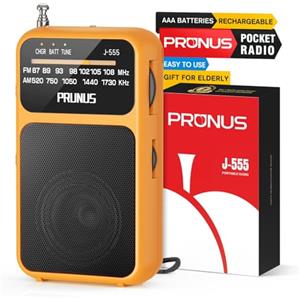 PRUNUS J-555 Radio Portatile Ricaricabile, Mini Radiolina Portatile FM/AM Supporta Batterie Sostituibili (AAA), con Jack/Clip Posteriore, per Camminare, Correre, Pescare (Arancio)