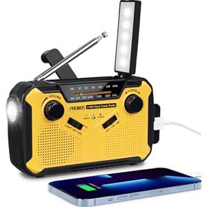 PRUNUS J-369 Radio Portatile Emergenza FM/AM, Radiolina a Manovella Dinamo, Radio Solare Piccola con Batteria Ricaricabile da 3000 mAh, Radio a Pile con Allarme SOS e Torci (Giallo)