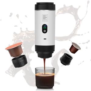 EVERANGE Macchina per caffè espresso elettrica portatile, macchina da caffè da viaggio compatibile con caffè macinato e capsule NS (bianca con schermo LCD)
