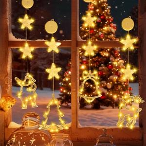 FENYW 4 Pezzi Lampada a Ventosa Per Natale, Decorative da Finestra Luci di Natale, Luci Ventosa Natale con Timer Decorativa per Albero di Natale, Finestra, Porta, Matrimonio(Bianco Caldo)
