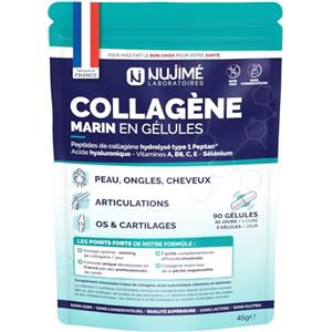 Nujimé Collagene Marino + Acido Ialuronico e Biotina | Peptidi di Collagene Idrolizzato Tipo 1 | Pelle, Capelli, Articolazioni | Trattamento di 30 giorni | 90 capsule | Prodotto in Francia