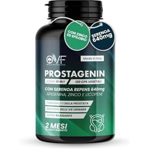 PARAFARMACIA, ORGANIC VITAMINS & FOOD OVF Prostagenin - Serenoa Repens 640mg | 120 Capsule | Formula 4 in 1 con Apigenina, Zinco e Licopene | Supporto per la Funzionalità della Prostata e il Benessere delle Vie Urinarie
