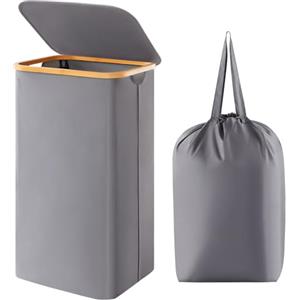 Lifewit Cesta Portabiancheria 100 L con Coperchio, Grande Cesto Biancheria Pieghevole in Bambù con Sacco Interno, Portabiancheria Salvaspazio, Laundry Basket per Camera da Letto, Bagno, Grigio