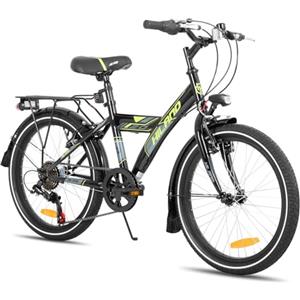 HH HILAND Hiland Rocket Mountain Bike per Bambini da 7 8 9 10 Anni con cambio Twist Grip Shift a 6 Velocità, Portapacchi e Supporto in Alluminio Nero，Sella e portapacchi regolabili