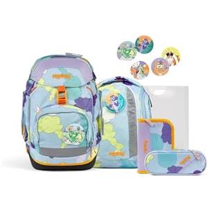 ergobag pack set zaino scolastico ergonomico, zainetto scuola flessibile 6 pezzi prima elementare Day DreamBear - Azzurro