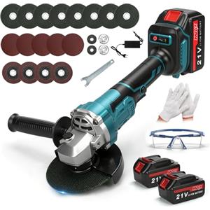 Roadtime Smerigliatrice angolare a batteria con 2 batterie da 1500 mAh, smerigliatrice angolare senza spazzole da 125 mm, con dischi abrasivi, impugnatura aggiuntiva e kit di protezione per separazione
