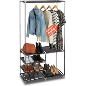 Avilia Appendiabiti da Terra con Scarpiera Integrata a 6 Ripiani - Stand Porta Abiti Salvaspazio in Metallo e TNT - Armadio Aperto per Ingresso, Camera e Bagno - Montaggio Rapido senza Attrezzi