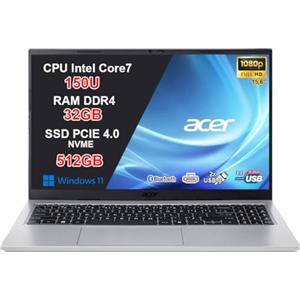 Acer Aspire Go 15 PC Portatile Notebook, CPU Intel Core 7 150U di nuova generazione fino a 5,4 GHz, RAM 32GB, SSD 512GB, Wi-Fi 6, Display 15,6 Full HD Antiriflesso, USB Type-C, Windows 11, Silver