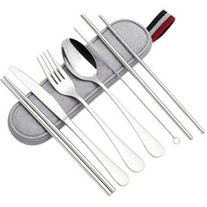 JOME Set Posate Riutilizzabili in Acciaio Inox 304 - Custodia in Tessuto Inclusa - Coltello, Forchetta, Cucchiaio, Cannucce, Bacchette & Scovolino