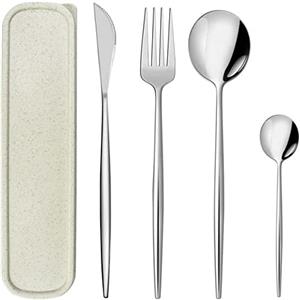 ZhaoCo Set di Posate da 4 pezzi Posate da Campeggio Portatili e Posate da Viaggio in Acciaio Inox, Portaposate Ecologico in Paglia di Grano, Ideale per Esterni, Viaggi, Ufficio, Pranzo a Scuola