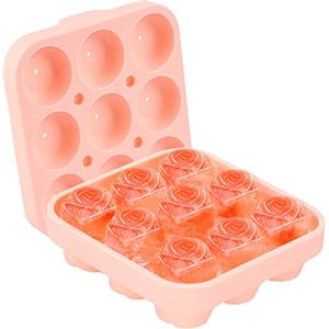 DMZK 9 Pezzi Stampo Ghiaccio Silicone,Cubetti di Ghiaccio Rose Riutilizzabili Formine con Coperchio, Impilabile Senza BPA Contenitore per Ghiaccio per Cocktail, Whisky, Bevande, Caffè, Bambini,Rosa