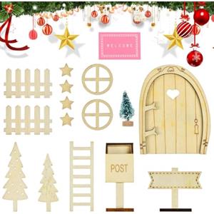 VGECEE 16 Set di Accessori per Porta Gnomo, Porta Elfo Natale Porta Fatata in Legno Non Verniciato Porta delle Fate di Natale per Casa delle Bambole per DIY, Decorazione Natalizia, Regali per Bambini