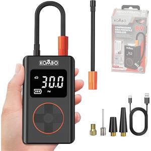 KOMBO - Compressore Aria Portatile Cordless 8V - Gonfiatore Gomme Auto Digitale 130 PSI con Auto-Stop, USB-C e 5 Adattatori, Mini Compressore Ricaricabile