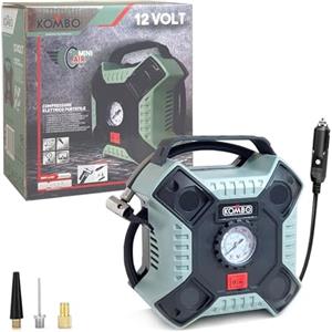 KOMBO - Compressore Auto 12V Portatile - Gonfiatore Pneumatici con Manometro Analogico, Max 160 PSI, Accendisigari e 3 Adattatori, Mini Compressore